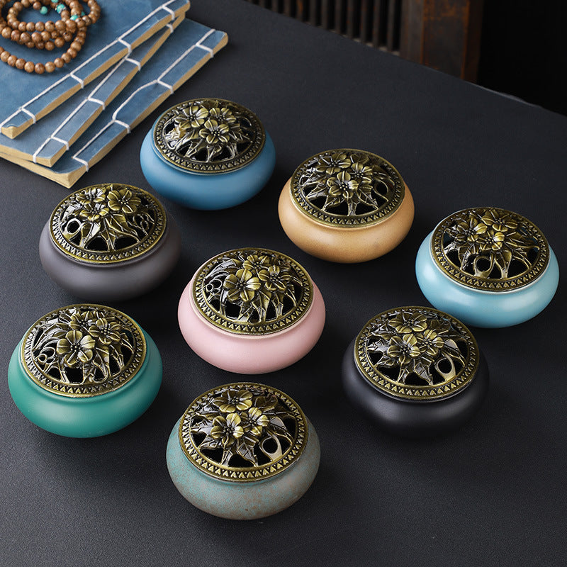 Copper Lid Ceramic Incense Burner Buddha with Antique Alloy Wire Incense Burner | Atheel Oman