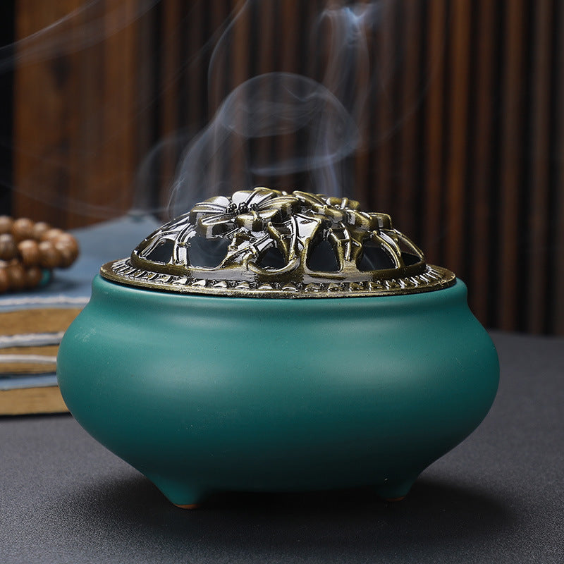 Copper Lid Ceramic Incense Burner Buddha with Antique Alloy Wire Incense Burner | Atheel Oman
