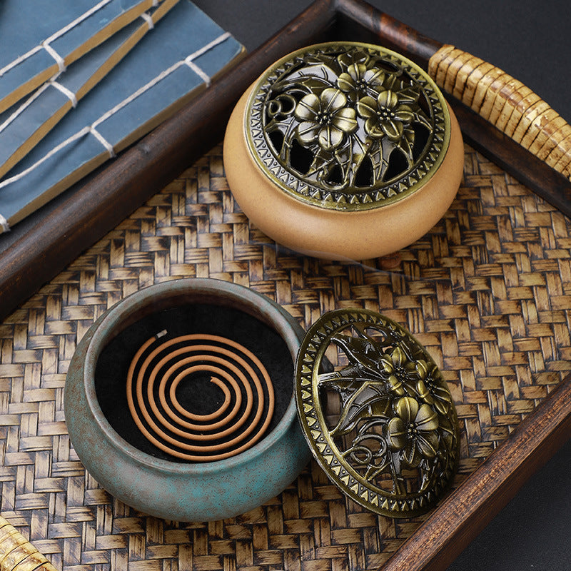 Copper Lid Ceramic Incense Burner Buddha with Antique Alloy Wire Incense Burner | Atheel Oman