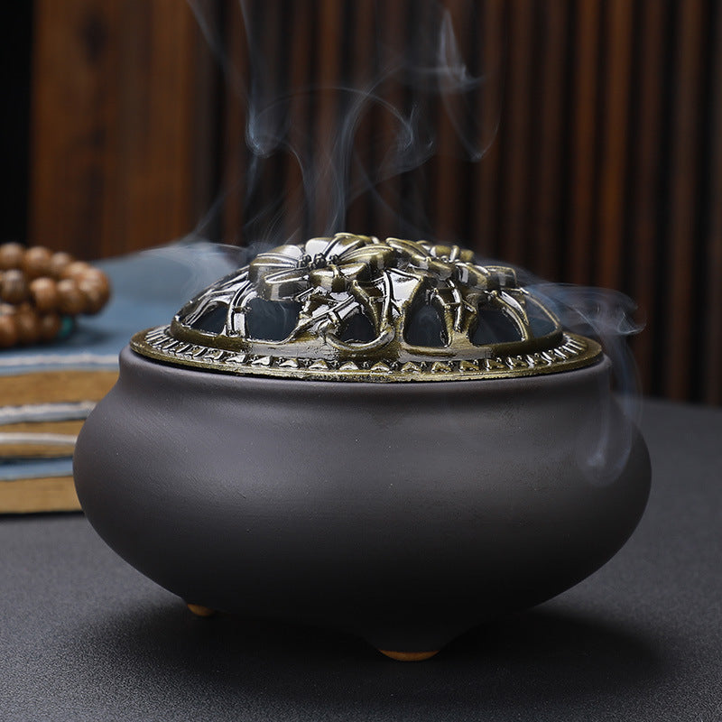 Copper Lid Ceramic Incense Burner Buddha with Antique Alloy Wire Incense Burner | Atheel Oman