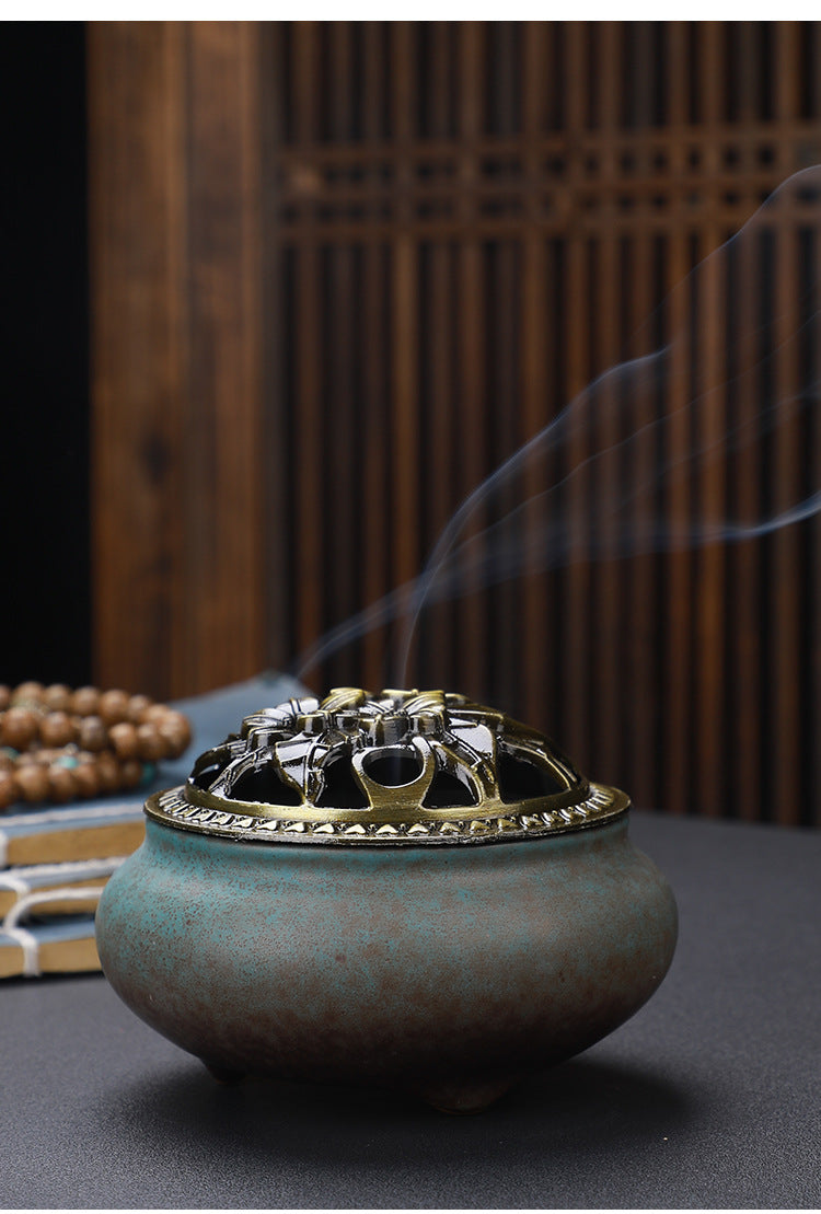 Copper Lid Ceramic Incense Burner Buddha with Antique Alloy Wire Incense Burner | Atheel Oman