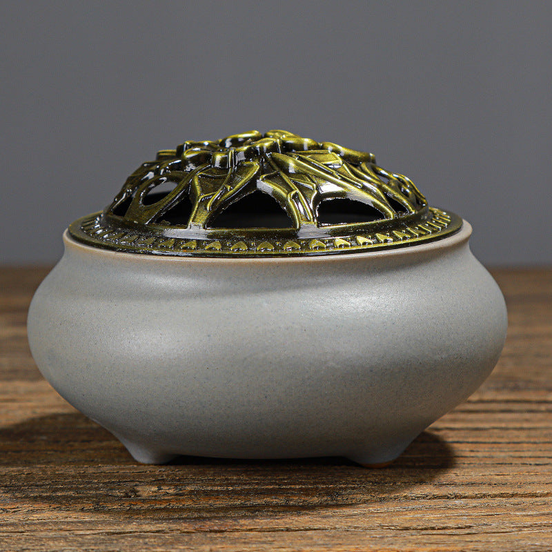 Copper Lid Ceramic Incense Burner Buddha with Antique Alloy Wire Incense Burner | Atheel Oman