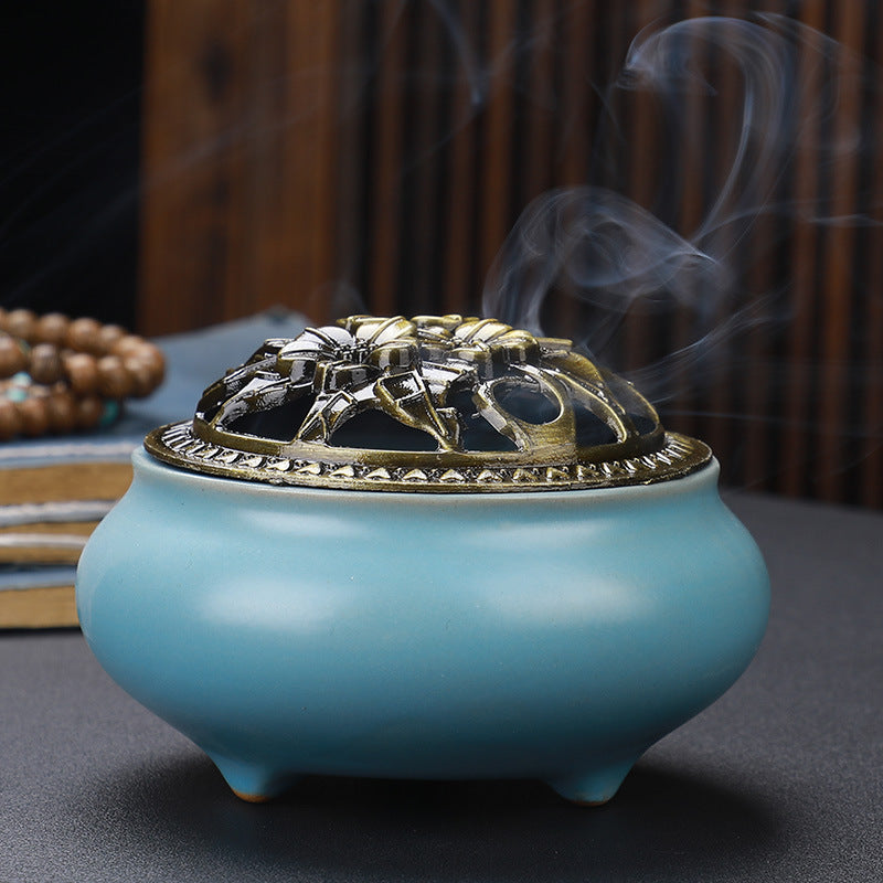Copper Lid Ceramic Incense Burner Buddha with Antique Alloy Wire Incense Burner | Atheel Oman