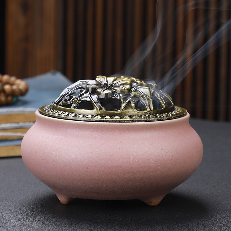 Copper Lid Ceramic Incense Burner Buddha with Antique Alloy Wire Incense Burner | Atheel Oman