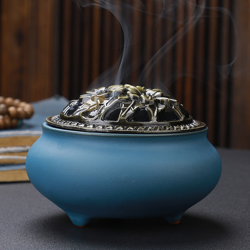 Copper Lid Ceramic Incense Burner Buddha with Antique Alloy Wire Incense Burner | Atheel Oman